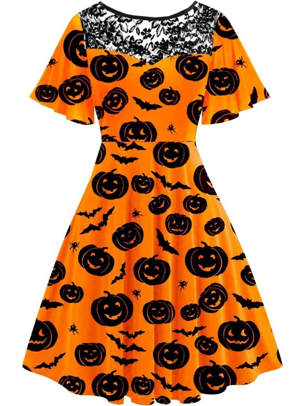 Women Halloween Lace Flutter Sleeve A-Line Party Dresses - Pumpkin Orange
